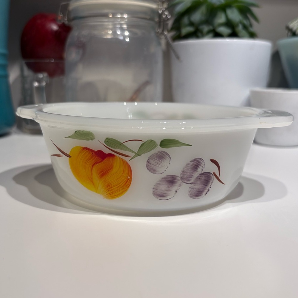 Vintage Fire King hand-painted fruit casserole dish